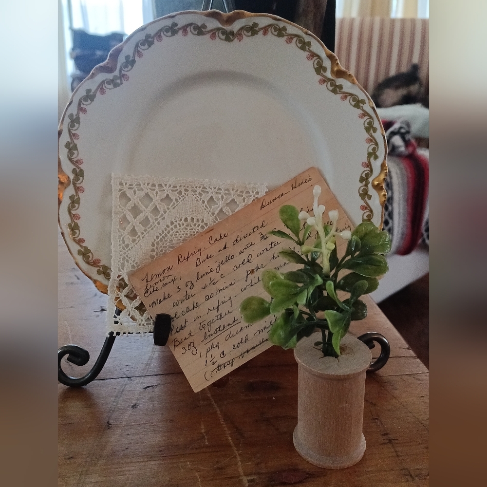 Antique Vignette Limgoes , Lace Coaster, Gmas Random Recipie, Gma Wood Spool.